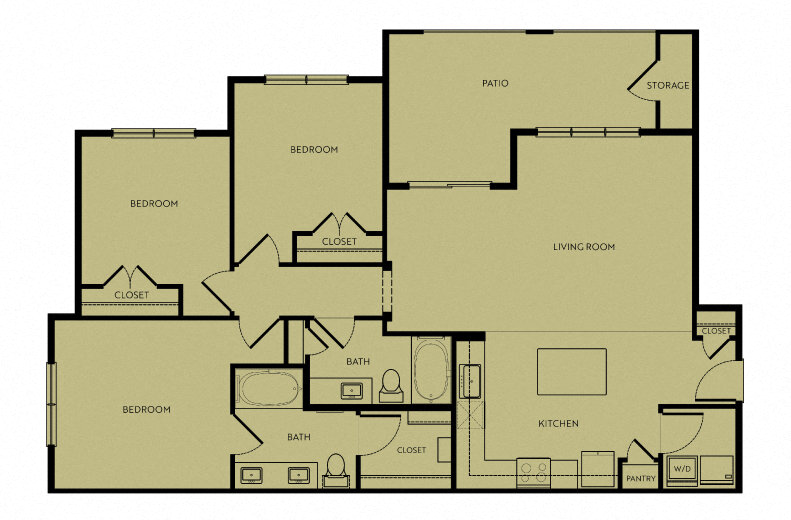 Floor plan for 3 beds, 2 baths, 1275 sqft